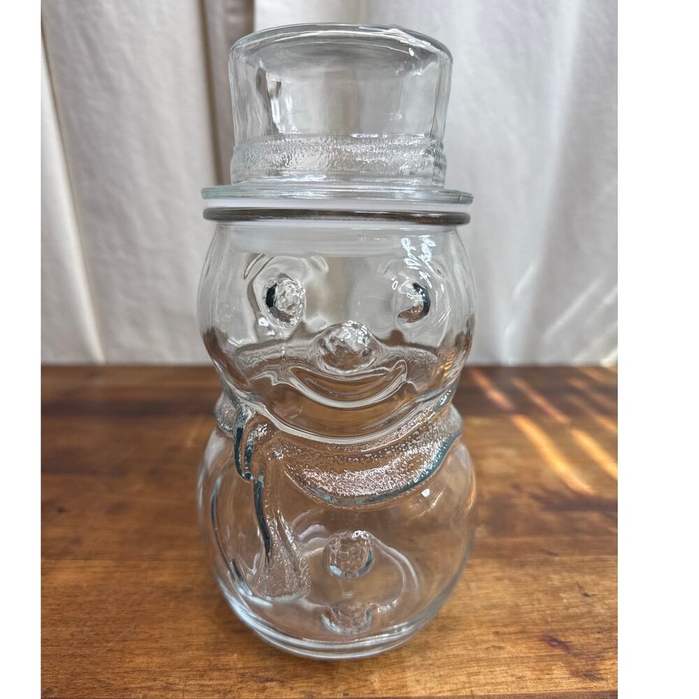 Vintage Glass Snowman Christmas Winter Lidded Canister Candy Nut Jar Home Décor